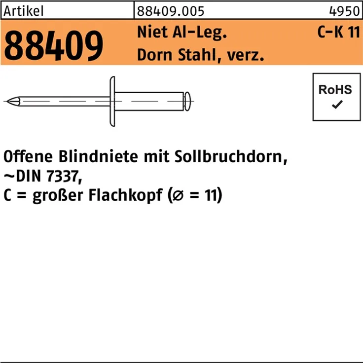 DIVERSE Blindniete R 88409 großer Flachkopf 5 x 20 D.11mm Niet Aluminium-Dorn Stahl verzinkt