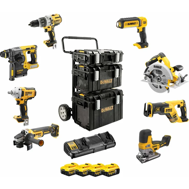 Dewalt Akku-Kombipack DCK856P4 18V, Schlagbohrschrauber, Schlagschrauber, Kombihammer, Winkelschleifer, Säbelsäge, Stichsäge, Handkreissäge, LED-Leuchte + Zubehör