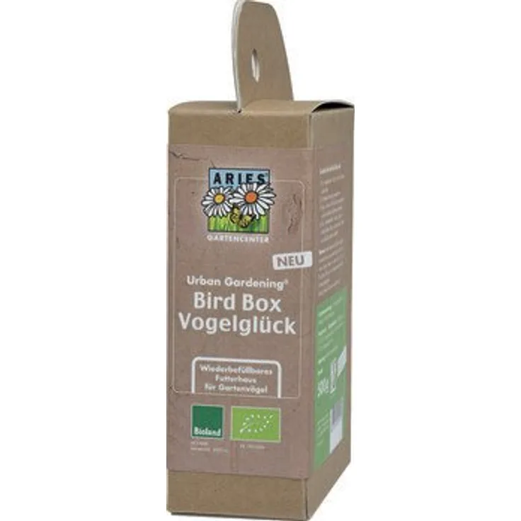 ARIES Bird Box – Vogelfutterspender zum Aufhängen mit Bio Vogelfutter für Wildvögel – Mischung aus Sonnenblumenkerne, Nu, Nusskerne und Saaten-500g