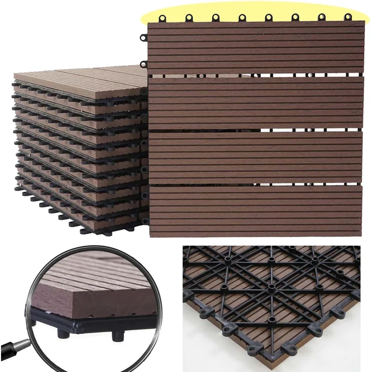 WPC Bodenfliese Rhone, Holzoptik Balkon-Terrasse, 11x je 30x30cm 1qm Premium, coffee linear