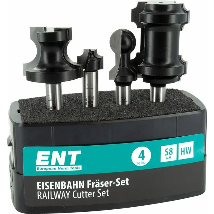 Ent European Norm Tools - ENT 09050 4-tlg. Eisenbahn-Fräser-Set zum Fräsen von Holzschienen, HW, Schaft (S) 8 mm