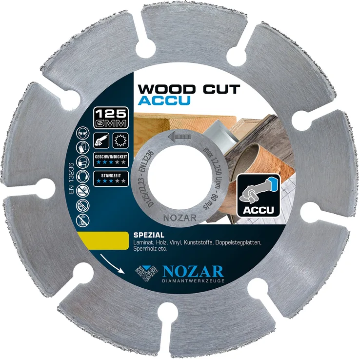 Trenntechnik - Diamant-Trennscheibe Wood Cut Accu | die Trennscheibe für Holzarbeiten, perfekt für den Innenausbau, Hartmetall bestückte Segmente und superdünner Schnitt | Ø 125 mm