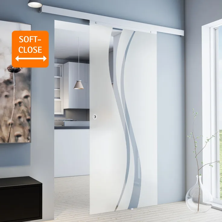 Tür Schiebetür Glas wellenförmig 880x2035 Zimmertür Glasschiebetür - Griffmuschel+2seitiger Softclose