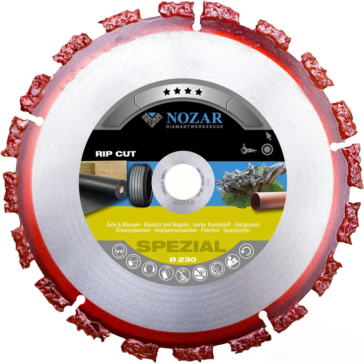 NOZAR Rip Cut Ø230 mm mit Bohrung 22,23 mm ( 6702164) Hartmetall-Trennscheibe für Holz inkl. Nägel, Hartholz, Dachpappe, Bitumenbahnen, Gummi, Kunststoff & dünne Bleche - perfekt für Dachdecker & Zimmermänner