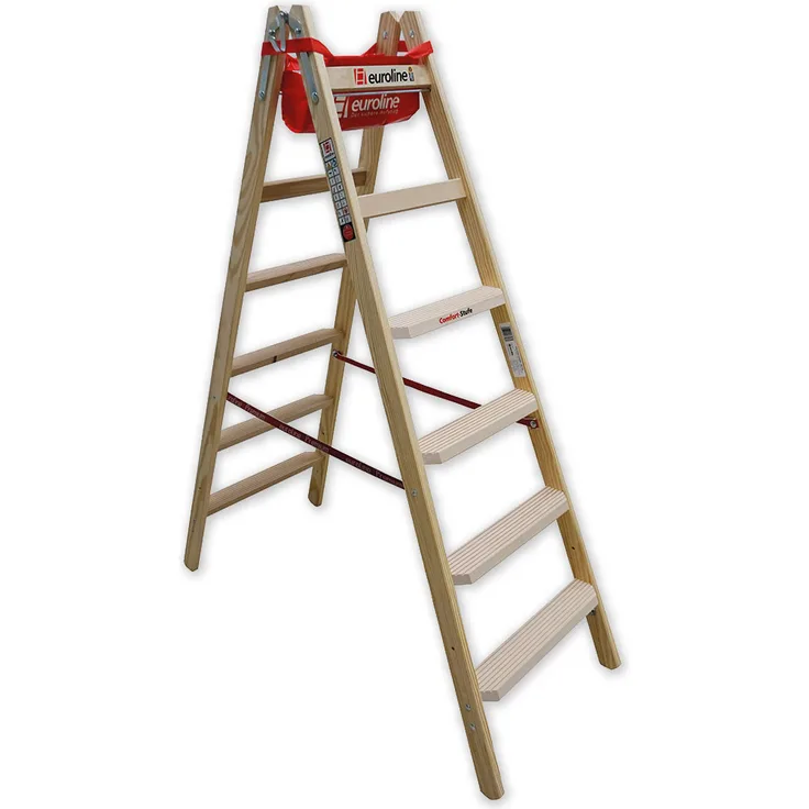 Euroline Holz Stufenstehleiter mit Comfort-Stufen mit Werkzeugablage 2x6 Stufen