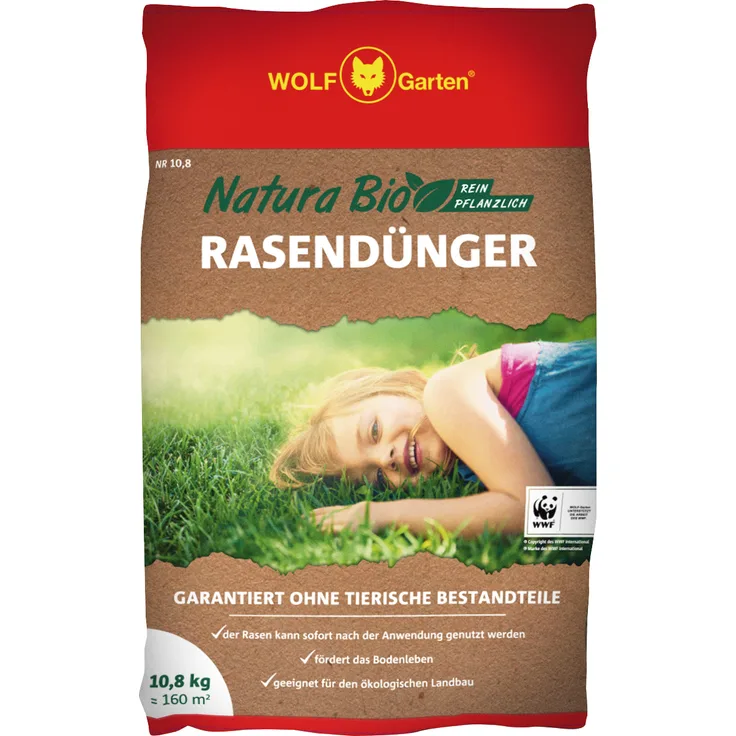 WOLF-Garten Natura Bio Rasendünger 10,8 kg für 160 m², rein pflanzlicher Dünger mit Langzeitwirkung