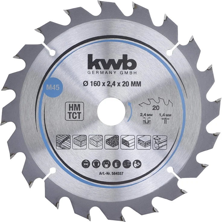 kwb 584557 Span-Platten Kreissäge-Blatt, Holz--Hartholz, 160 x 20 mm, saubere Schnitte, mittlere Zahl, 20 Zähne Z-20, CleanCut Sägeblatt mittel, 160 x 20 – Bild 1