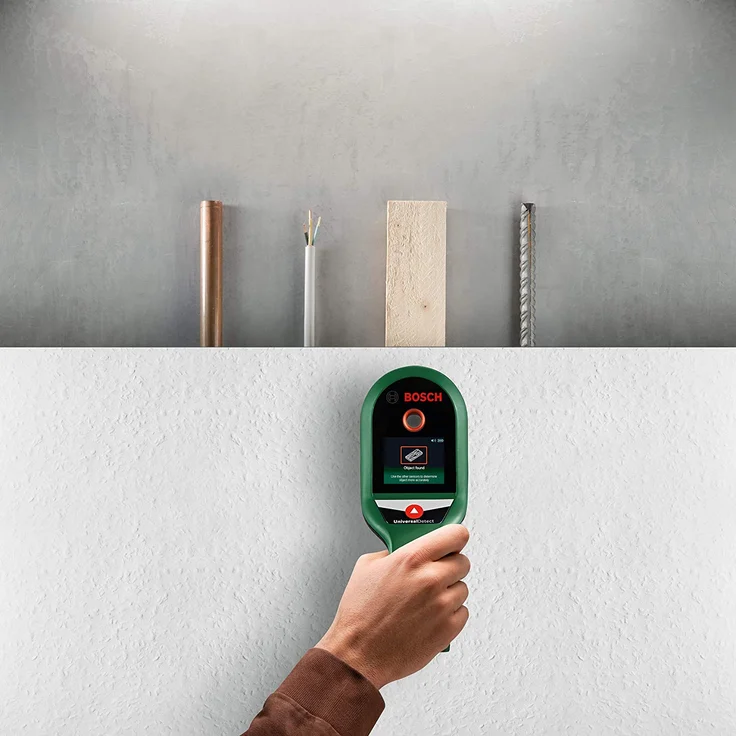 Bosch Ortungsgerät UniversalDetect (für Metall, spannungsführende Kabel und Holzunterkonstruktionen in 100-50-25 mm Erfassungstiefe, Kartoninhalt: Bosch UniversalDetect, 4x 1,5-V Batterien) – Bild 2
