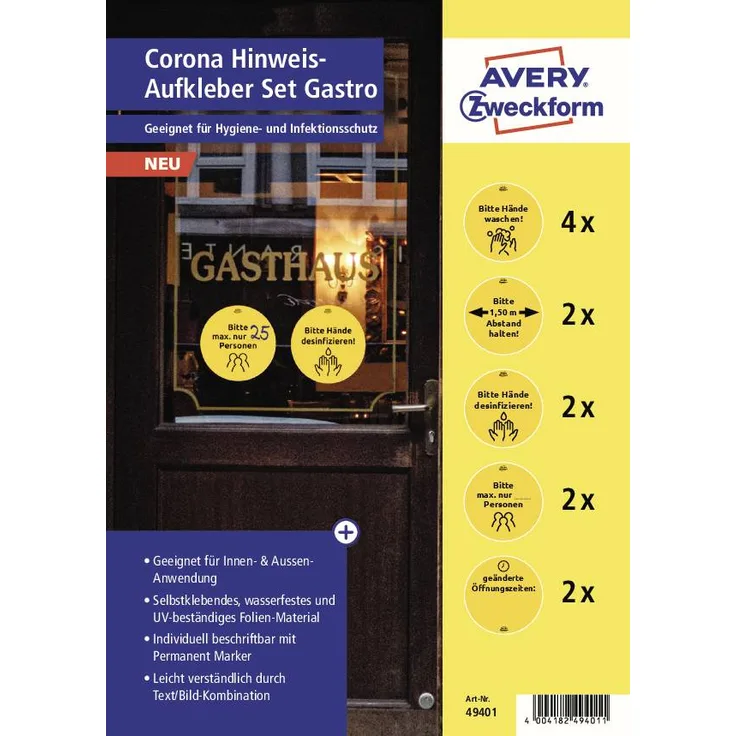AVERY Zweckform Hinweis Aufkleber Gastronomie (Ã¸20 cm, 12 Warnschilder, Hände waschen, Abstand halten, Mundschutz tragen, Hände desinfizieren, max. Anzahl Personen, Ã–ffnungszeiten) 49401