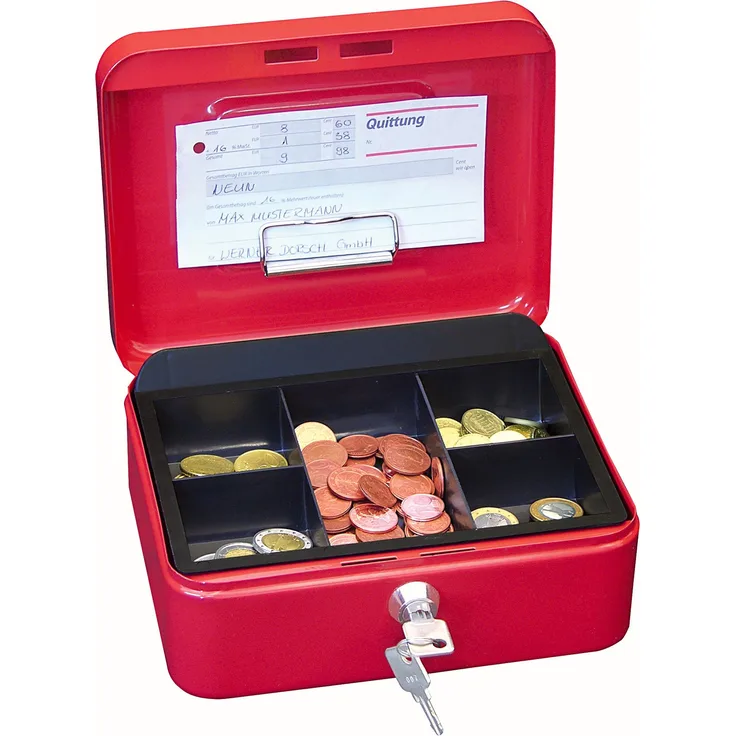 Wedo 145202H Geldkassette (aus pulverbeschichtetem Stahl, versenkbarer Griff, Geldnoten- und Belegeklammer, 5-Fächer-Münzeinsatz, Sicherheits-Zylinderschloss, 20 x 16 x 9 cm) rot