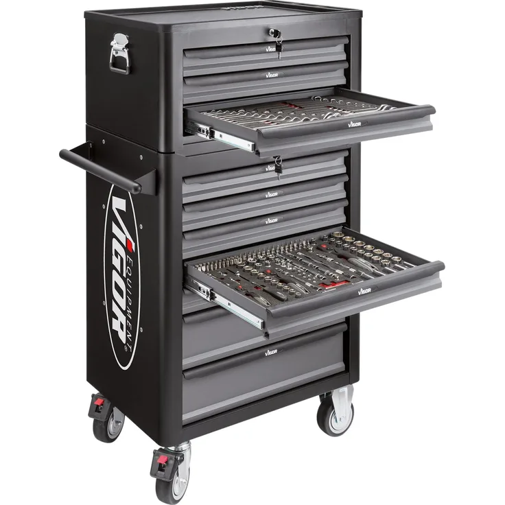 Vigor Werkstattwagen mit Sortiment und Aufsatzkoffer, Anzahl Werkzeuge: 344, 1375 x 723 x 459 mm, 1 Stück, V4561