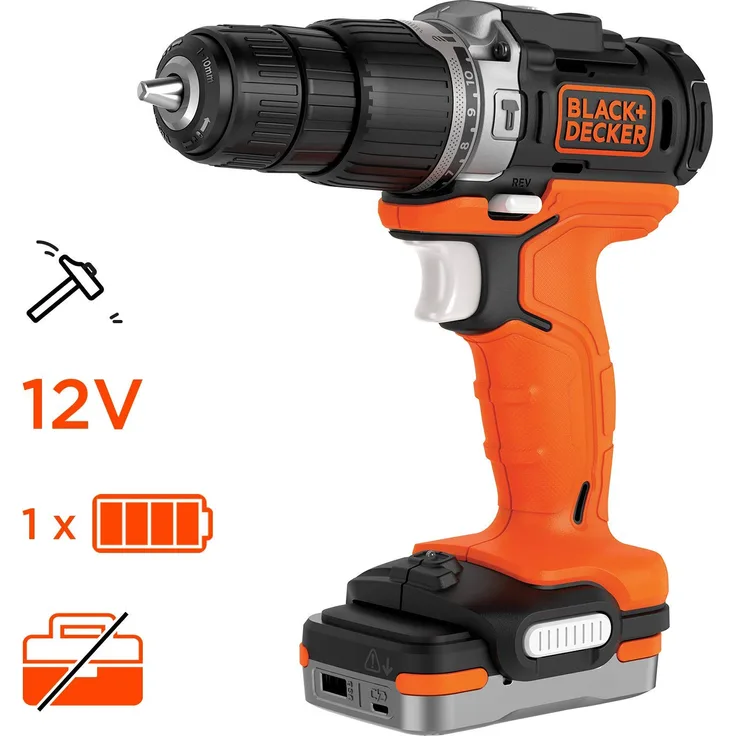 Black+Decker BDCHD12S1-QW Akku-Schlagbohrer, 12 V, Akku und Ladegerät inklusive