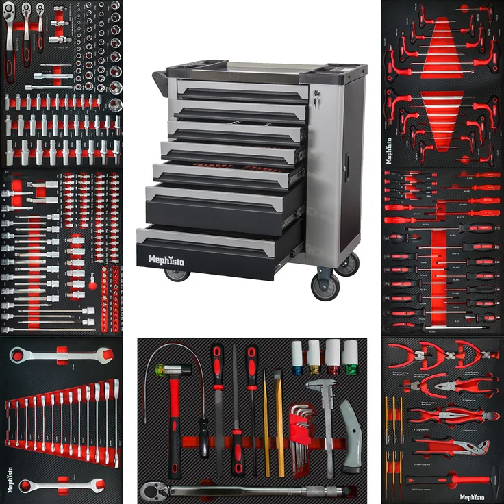 XXL Werkzeugwagen Werkstattwagen mit 7 Schubladen davon 7 mit Werkzeug wie Schraubenschlüssel, Ratsche mit Nusskasten, Schraubendreher usw. in Soft Inlays in Carbonoptik befüllte Schubladen von Mephisto