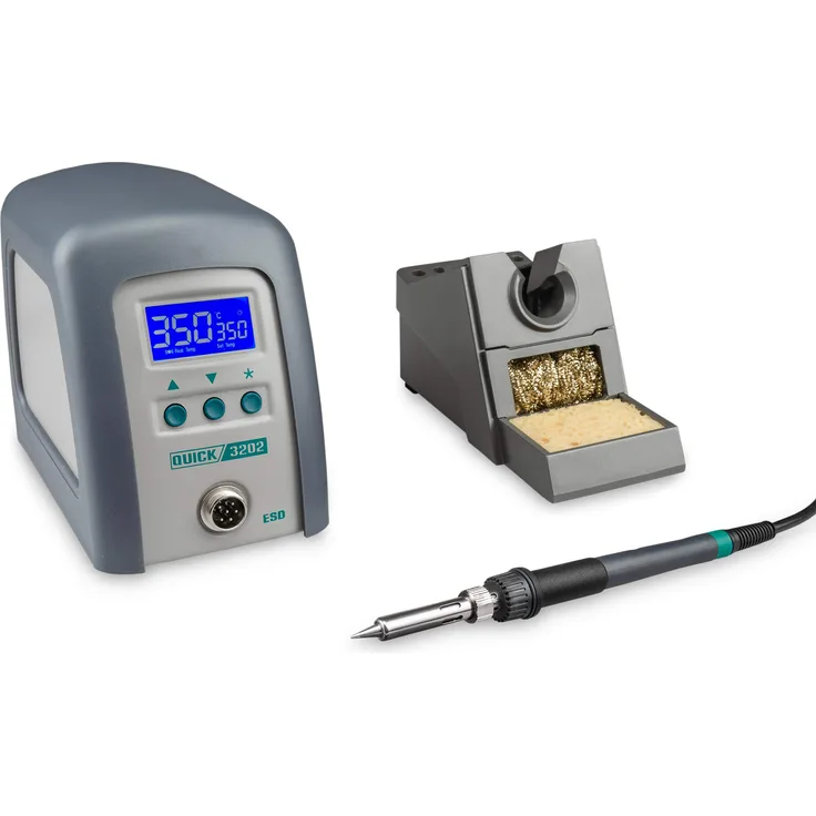 Quick 3202 Digital Regelbare ESD Hochfrequenz-Lötstation 90 Watt inkl. Lötkolben mit 1 mm Lötspitze und Zubehör- 100°-550°C-Kalibrierbar- 3 Festspeicher-Auto-Standby-Passwort - Schutz