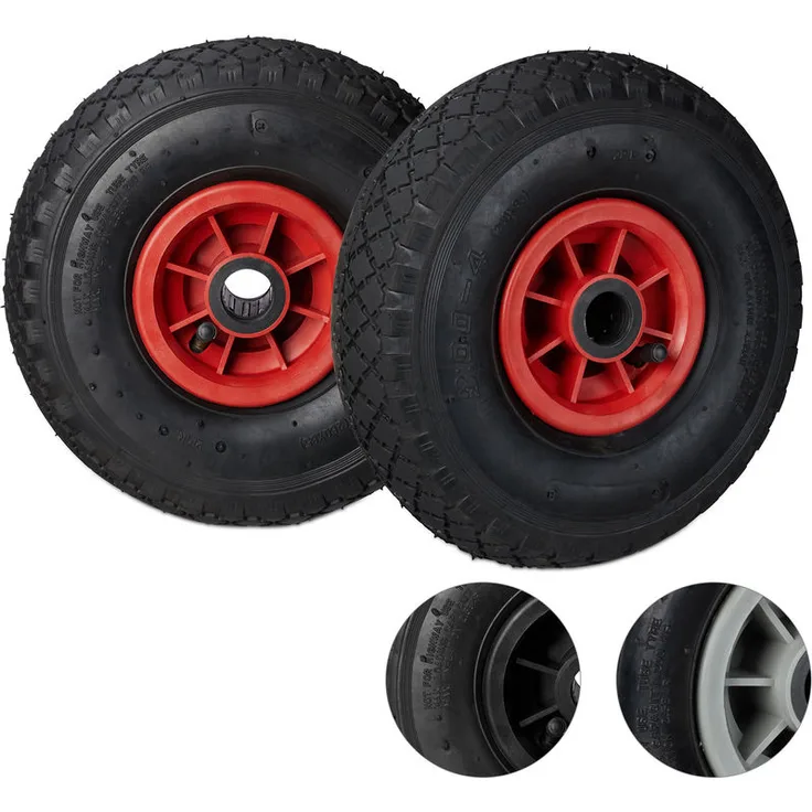 2 x Sackkarrenrad, 3.00-4, luftbereift, Ersatzrad mit Kunststofffelge, 260x85mm, Ø Achse 25mm, Komplettrad, schwarz-rot