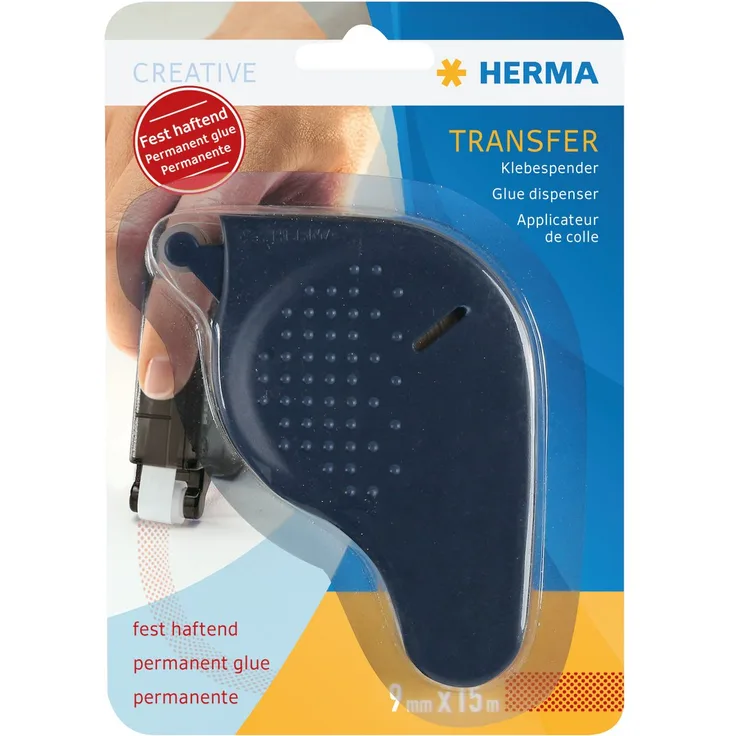 HERMA 1013 Kleberoller, permanent (15 m x 9 mm, nachfüllbar) selbstklebender Klebespender mit doppelseitigen Klebepunkten für Fotos, Basteln, Schule und Büro, blau