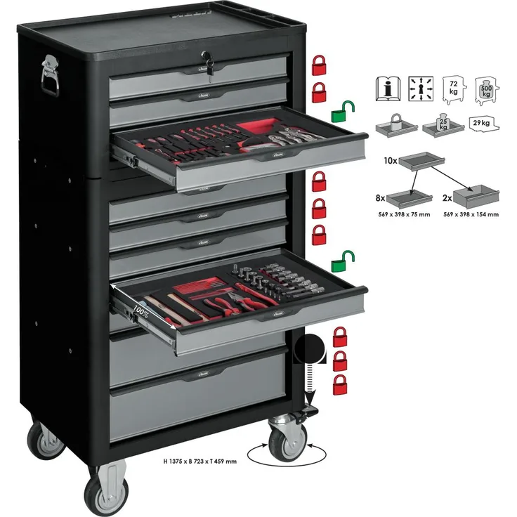 Vigor V1970 Werkstattwagen und Aufsatzkoffer, 1375 x 723 x 459 mm