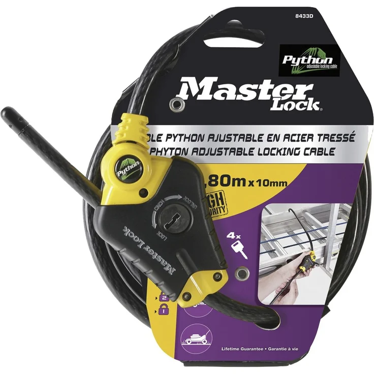 Master Lock 8433EURD Verstellbares Kabelschloss mit Schüsselschloss [Kabel einstellbar von 30 cm bis 1,8 m] [Python] - Ideal für Sportausrüstung, Werkzeuge und Gartenmöbel – Bild 1