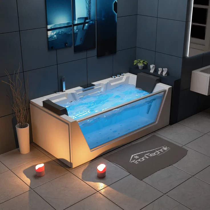 TroniTechnik Whirlpool Badewanne MYKONOS 180cm x 88cm mit Heizung, Wasserfall, Hydromassage und Farblichtherapie