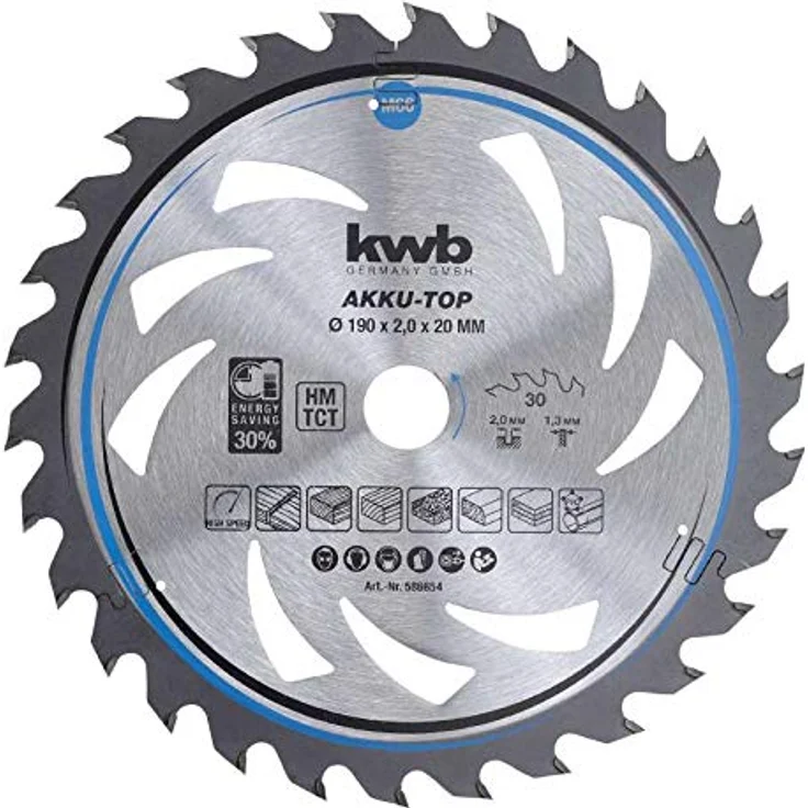kwb 586654 Energy-Saving Kreissäge-Blatt Easy Cut, Ø 190 x 20 mm Dünn-Schnitt mit Spezial-Wechselzahn 30 Zähnen Z30, AKKU-TOP Dünnschnitt, 190 x 20