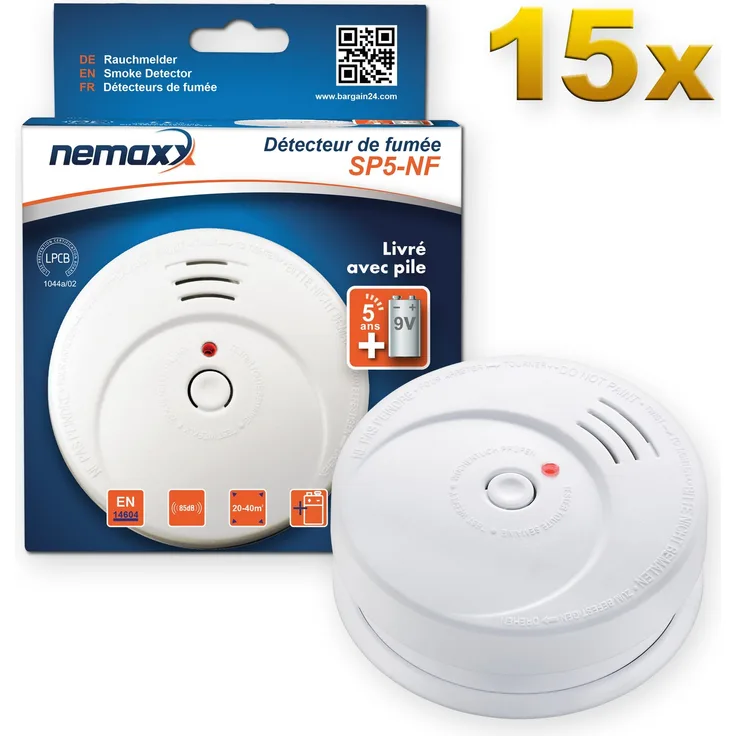 15x Nemaxx SP5-NF Feuermelder - hochwertiger batteriebetriebener Rauchwarnmelder 9V Alkalibatterie - weiß