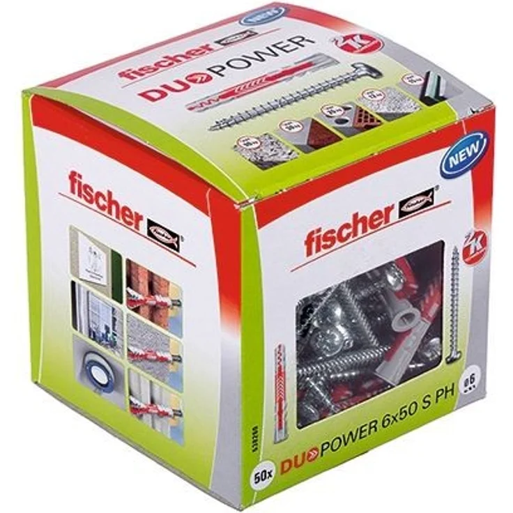 fischer DUOPOWER 6 x 50 S PH, Universaldübel mit Panheadschraube, 2-Komponenten-Dübel, Kunststoffdübel zur Befestigung in Beton, Ziegeln, Stein, Gipskarton uvm., 50 Dübel + 50 Schrauben - Preisvergleich – Bild 1