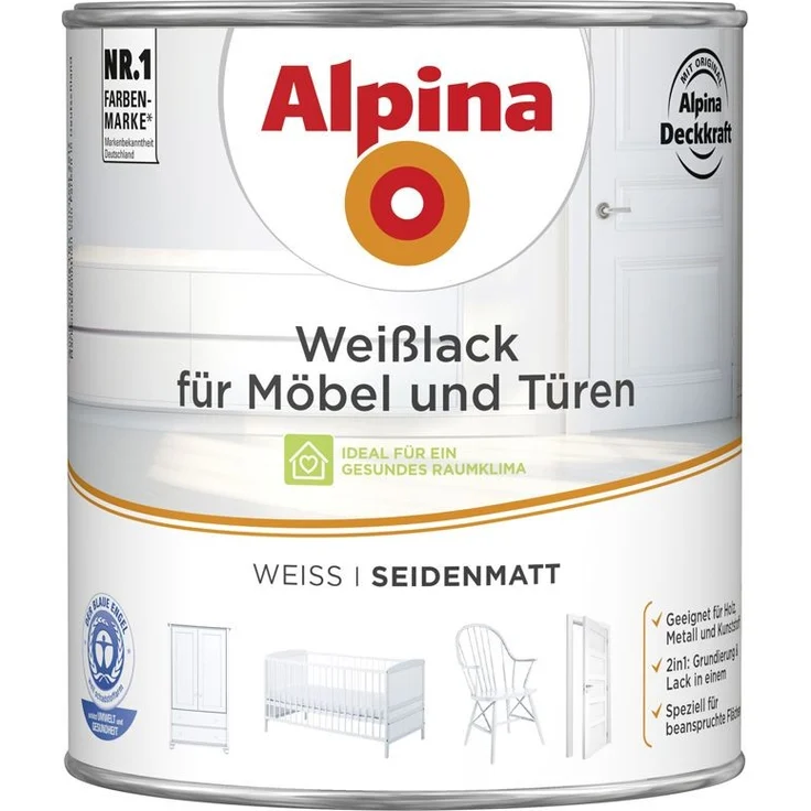 Alpina Weißlack für Möbel und Türen 2 l, weiß, seidenmatt – Bild 1