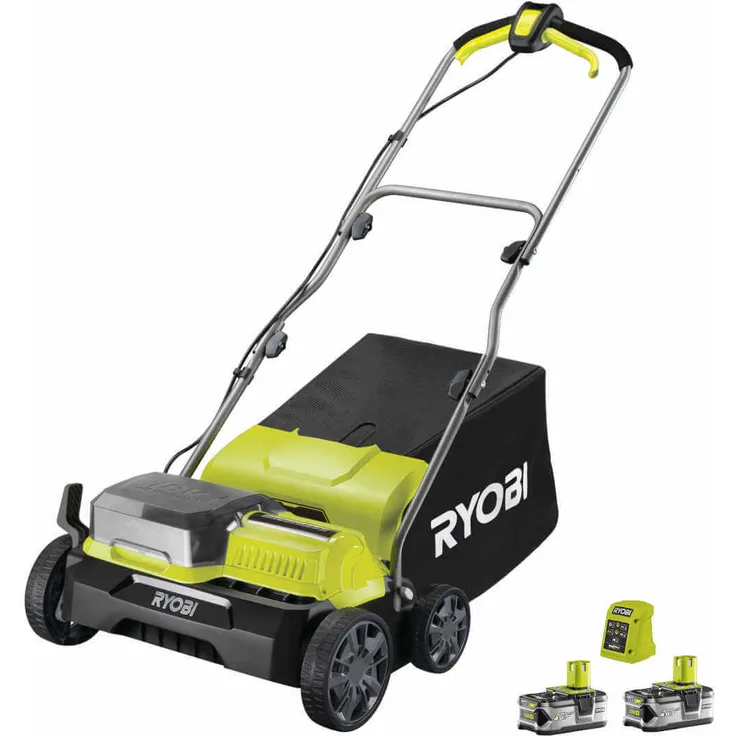 Ryobi RY18SFX35A-240 Akku-Vertikutierer 18 V ONE+, grün/schwarz mit 2 Akkus & Ladegerät, 55 l Fangkorbvolumen