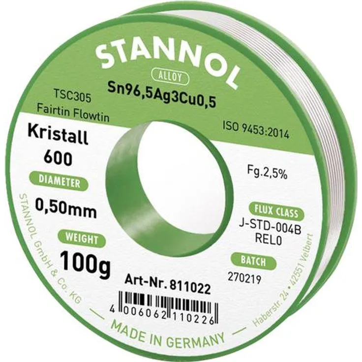 Stannol Kristall 600 Fairtin Lötzinn, bleifrei bleifrei Sn3.0Ag0.5Cu 100g 0.5mm