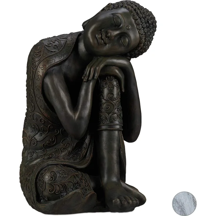 Relaxdays Buddha Figur geneigter Kopf, XL 60cm, Asia Gartenfigur, Dekofigur Wohnzimmer, Frost- & wetterfest, dunkelgrau