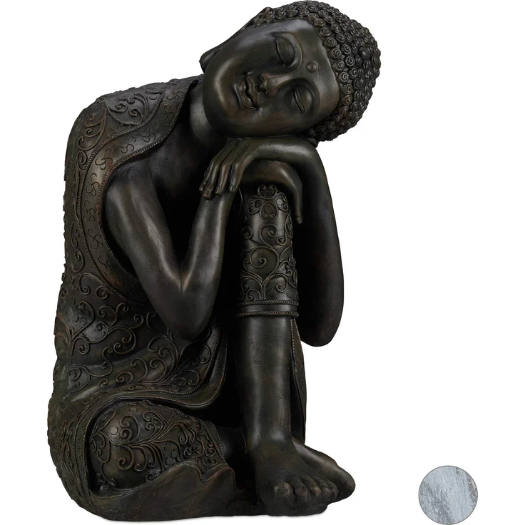 Relaxdays Buddha Figur geneigter Kopf, XL 60cm, Asia Gartenfigur, Dekofigur Wohnzimmer, Frost- & wetterfest, dunkelgrau