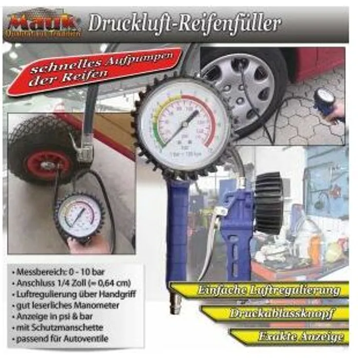MAUK Druckluft Reifenfüller Reifenfüllpistole Luftdruckprüfer mit Manometer 10 bar - Mauk