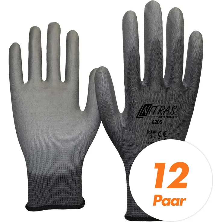 Nitras 6205 Nylon Strickhandschuh grau - VPE 12 Paar mit PU-Beschichtung auf Innenhand und Fingerkuppen