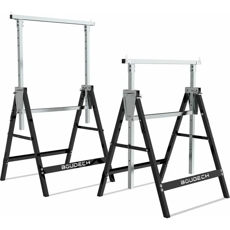 Satz mit 2 teleskopischen, 300 kg schweren, zusammenklappbaren Böcken, ideal als Pontonschleppnetzfischer, Werkbank und Baumschneidestütze.