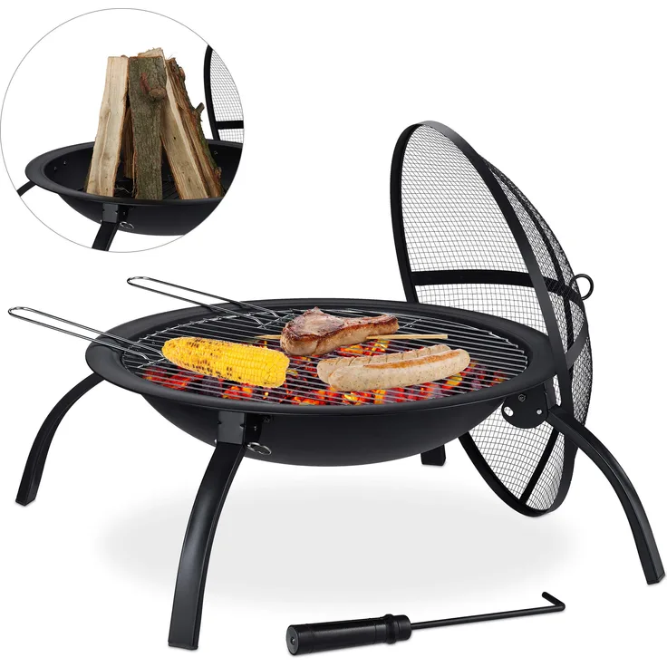 Relaxdays XL Feuerschale, Grill Rost, Schürhaken, Funkenschutz Deckel, Garten, Terrasse, Feuerstelle D 56,5 cm, schwarz