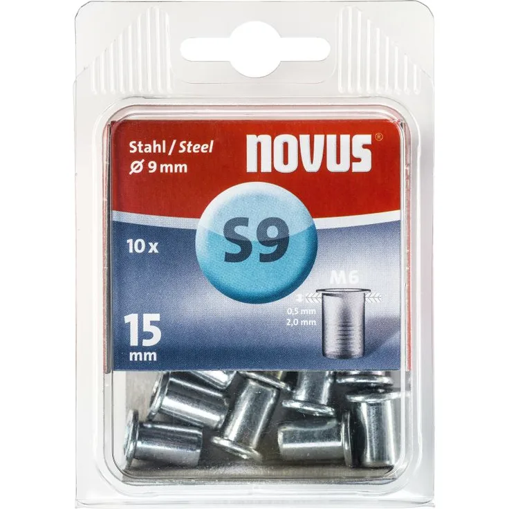 Novus Stahl-Blindnietmutter 15 mm, M6 Gewinde, 10 Nietmuttern, Ø 9 mm, 0.5-2.0 mm Klemm-Länge, für Stahlbleche