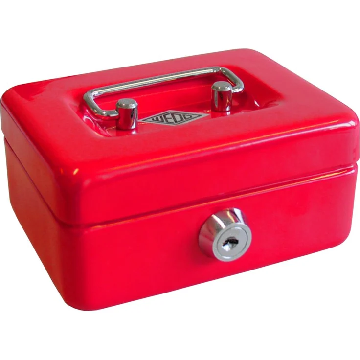 Wedo 144002 Kindergeldkassette Spardose (mit Einwurfschlitz, 5-Fächer-Münzeinsatz, Sicherheitsschloss, aus Stahlblech, 2 Schlüssel) rot