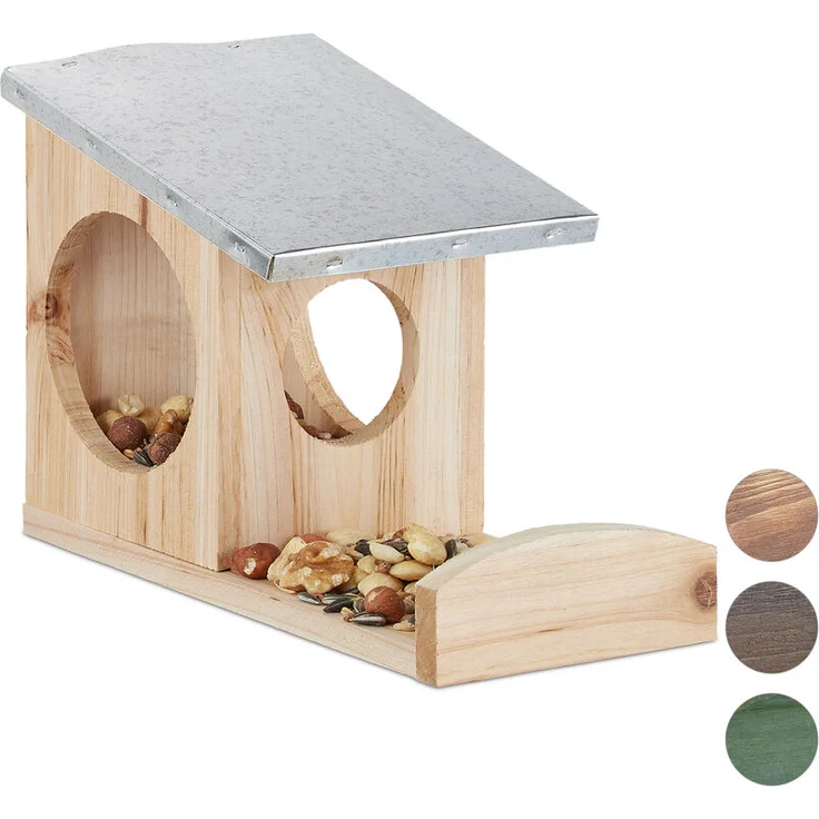 Relaxdays - Eichhörnchen Futterhaus, Kobel aus Holz, wetterfestes Metall Dach, zum Aufhängen, Garten Futterstation, natur – Bild 1