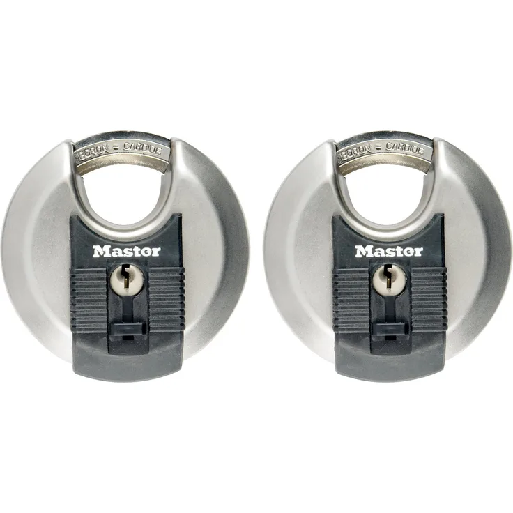 MASTER LOCK Disc-Vorhängeschloss [Schlüssel] [Edelstahl] [Außenbereiche] [2er-Pack] M40EURT - Ideal für Lagerräume, Lagerschuppen, Garagen, Anhänger und mehr