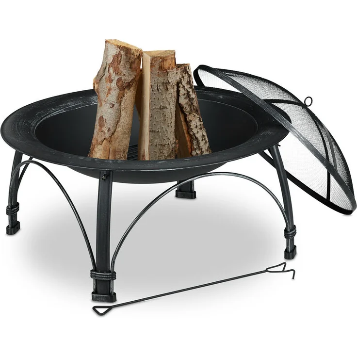 Relaxdays Feuerschale mit Funkenschutz Schürhaken, Garten Terrasse, HxD: 59 x 89 cm, Outdoor Feuerstelle, schwarz – Bild 1