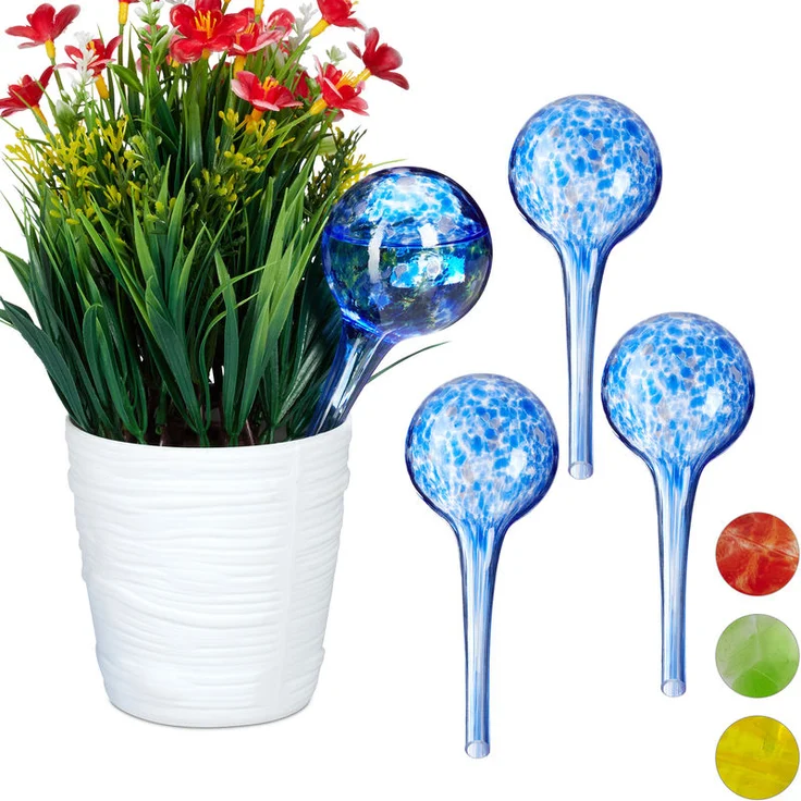 Relaxdays - 4 x Bewässerungskugel im Set, dosierte Bewässerung Pflanzen u. Blumen, Gießhilfe Büro, Urlaub, Ø 6 cm, Glas, blau – Bild 1