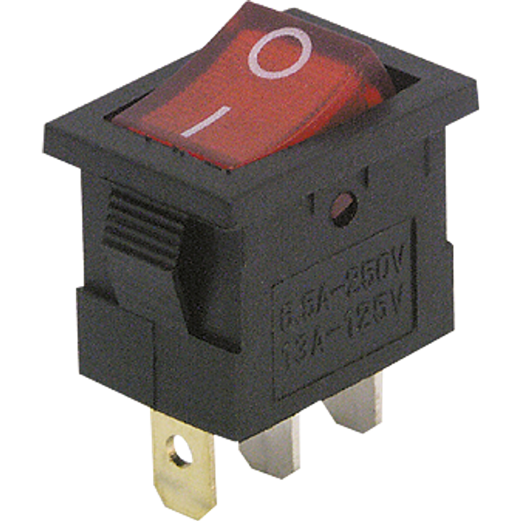 ETT Mini-Wippenschalter, 3-polig, rote Wippe, AC 250V / 6,5A, 2 Stellungen: EIN / AUS