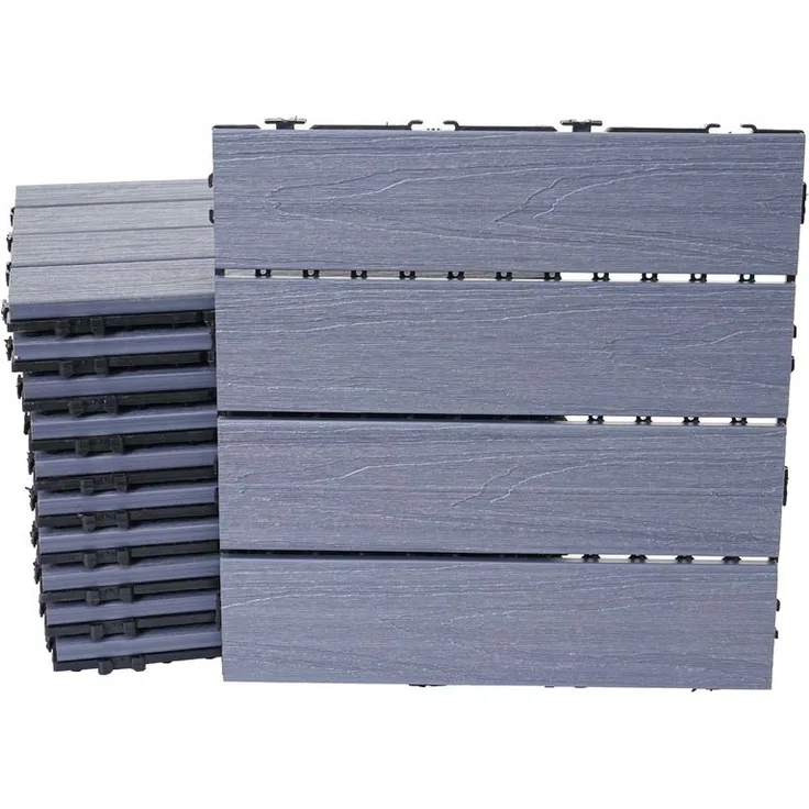 WPC Bodenfliese HHG-173, Holzoptik Balkon-Terrasse, 3D-Struktur linear beschichtet-grau 11x je 30x30cm 1qm