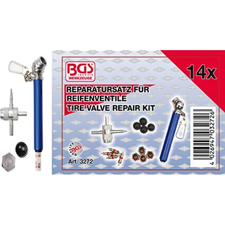 BGS 3272 Auto, Fahrrad, Motorrad, Schubkarre mit Snap-In Ventilen Reparatursatz für Reifenventile 14-tlg, Reifen Notfallset