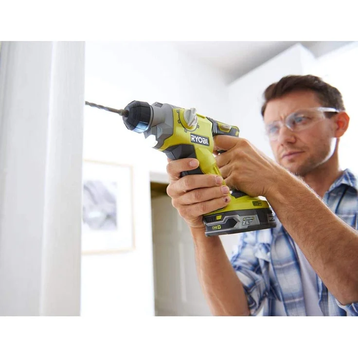 Ryobi R18SDS-L25S Akku-Kombi-Hammer 18V, Schlagschrauber mit SDS-Plus Aufnahme, zum Bohren, Schrauben, Hammerbohren, leichte Meißelarbeiten, LED-Beleuchtung, GripZone, inkl. Li-Ionen Akku 18V 2,5Ah – Bild 2
