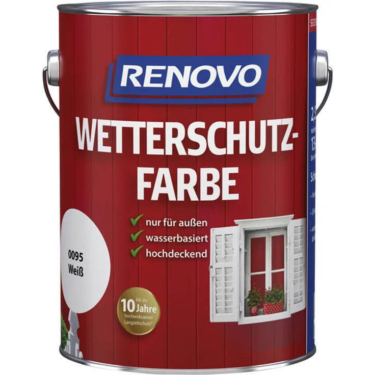 Renovo - Wetterschutzfarbe für außen, 2,5 l, weiß, seidenglänzend - weiß