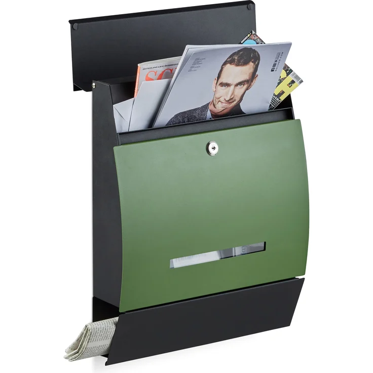 Relaxdays Design Briefkasten mit Zeitungsfach, Pulverbeschichtet, HxBxT: 45 x 35 x 11 cm, Wandbriefkasten, schwarz-grün