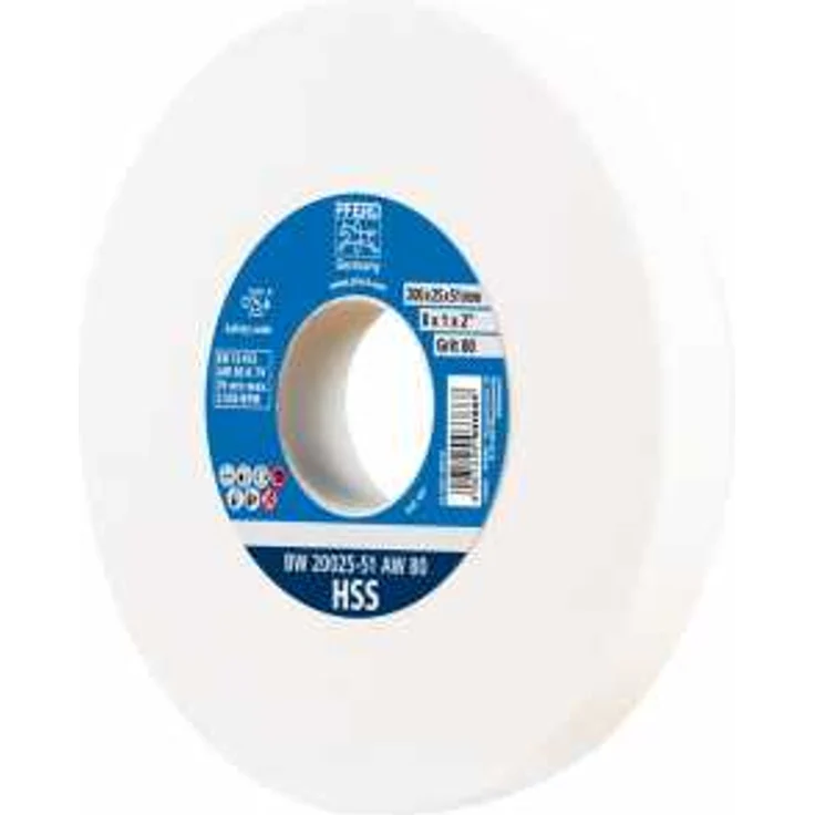 PFERD Schleifbockscheibe, 200x25x51mm, Ausführung HSS, Korngröße 80, Edelkorund weiß, 39009703 – Schleifscheibe für das Bearbeiten hochlegierter Stähle mit integrierter Reduzierhülse (32mm) – Bild 1