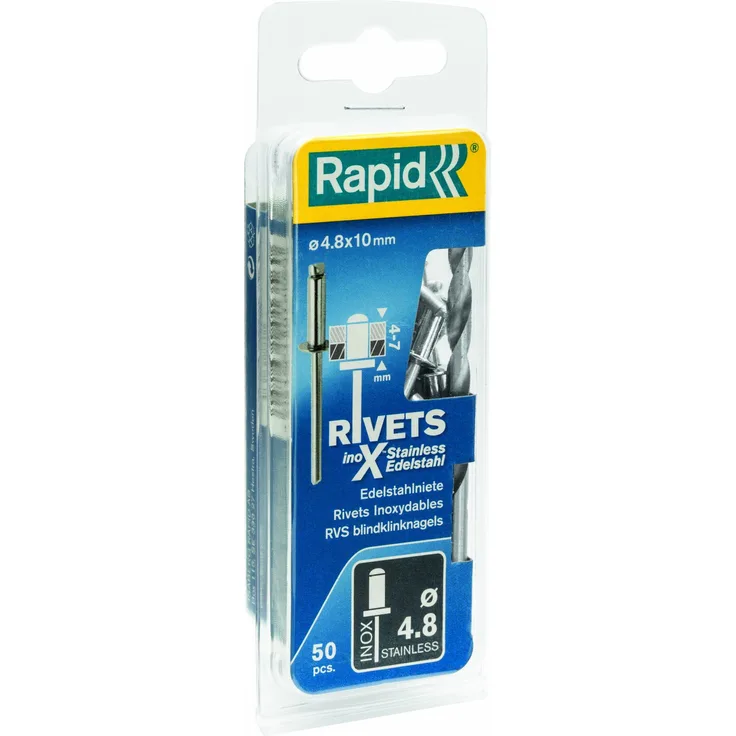 Rapid 5000396 4,8x10mm Blindniete Rostfrei 50 Stück Incl. Bohrer, Edelstahl, ø4.8 mm