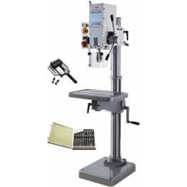 ELMAG Getriebe-Säulenbohrmaschine GBM 3-25 SN - Set bestehend aus: HSS-Bohrerkassette 14,5-30mm, Maschinenschraubstock 5'' - 125 mm, Spannschrauben 14mm